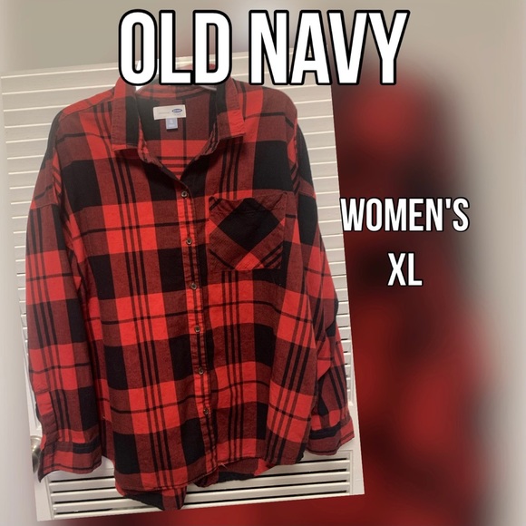 Old Navy red black Buffalo print boyfriend shirt XL - Picture 1 of 8